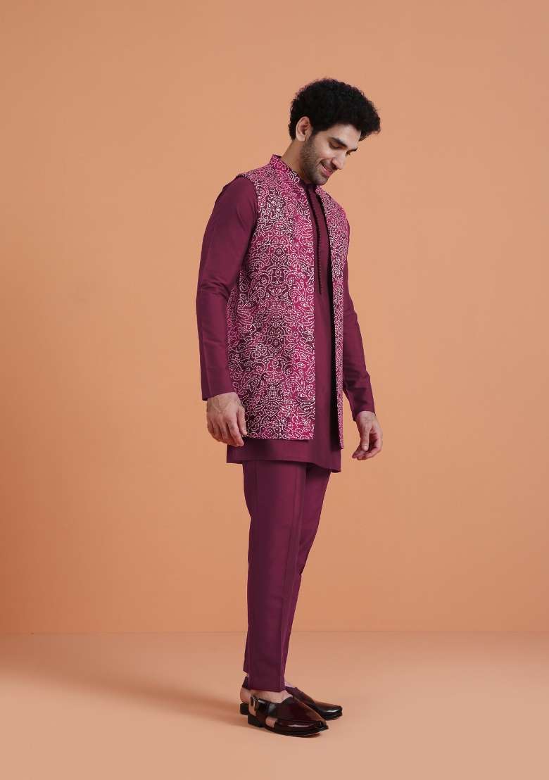 Maroon Printed Silk Blend Kurta Jacket Set For Men - Indya