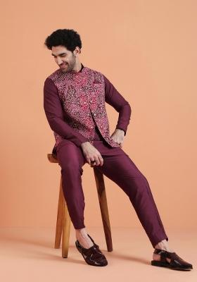 Maroon Embroidered Silk Blend Kurta Jacket Set For Men