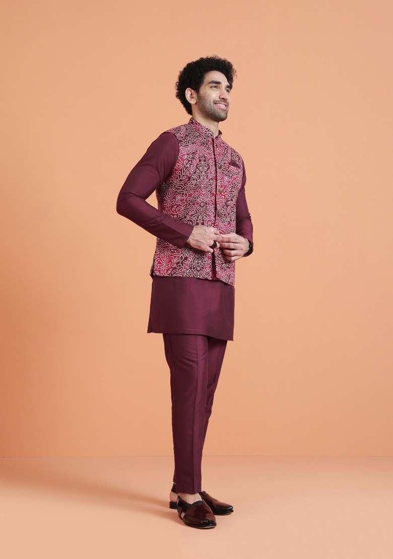 Maroon Embroidered Silk Blend Kurta Jacket Set For Men - Indya