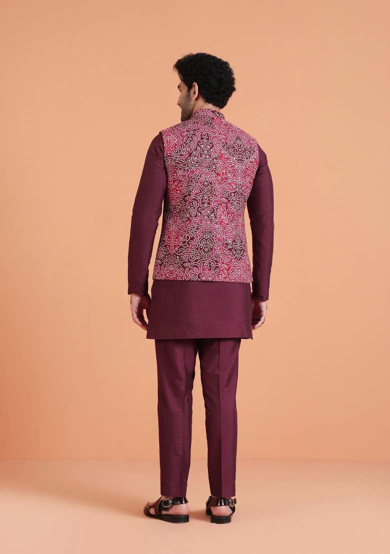 Maroon Embroidered Silk Blend Kurta Jacket Set For Men - Indya