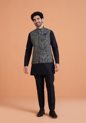 Blue Embroidered Silk Blend Kurta Jacket Set For Men