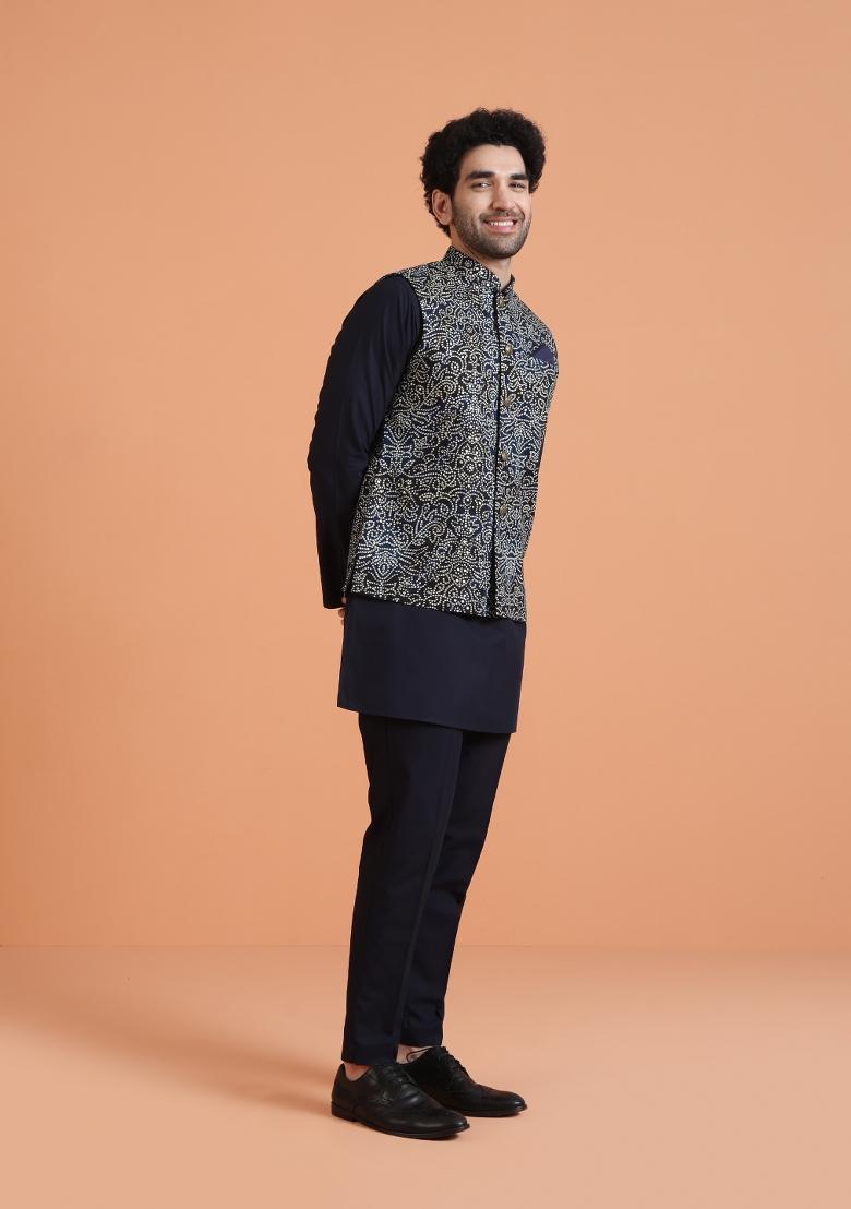Blue Embroidered Silk Blend Kurta Jacket Set For Men - Indya