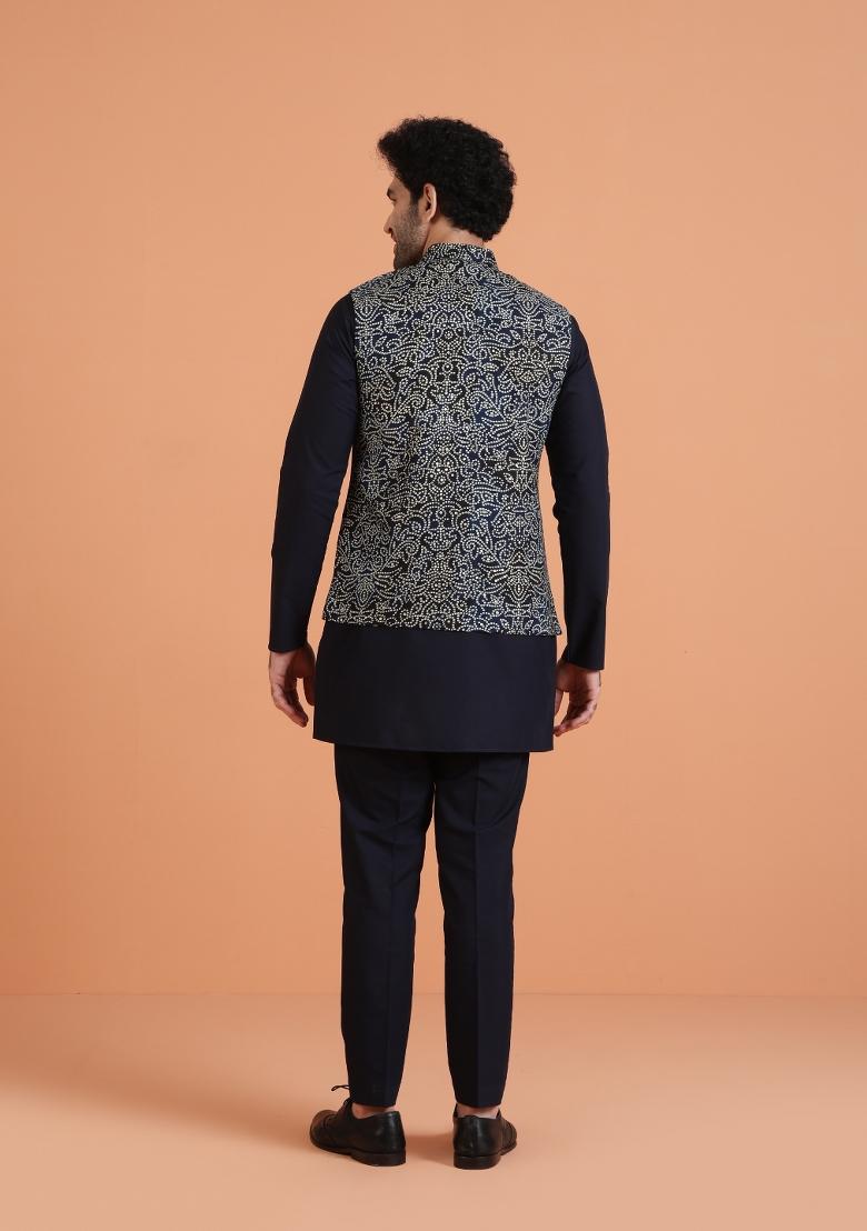 Blue Embroidered Silk Blend Kurta Jacket Set For Men