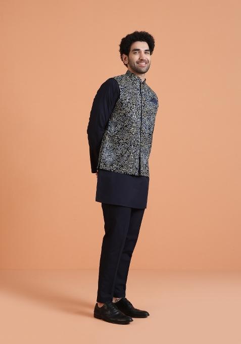 Blue Embroidered Silk Blend Kurta Jacket Set For Men