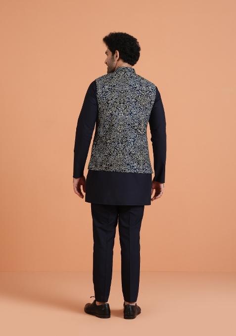 Blue Embroidered Silk Blend Kurta Jacket Set For Men