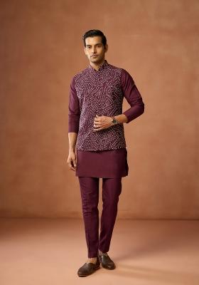 Maroon Embroidered Silk Blend Kurta Jacket Set For Men
