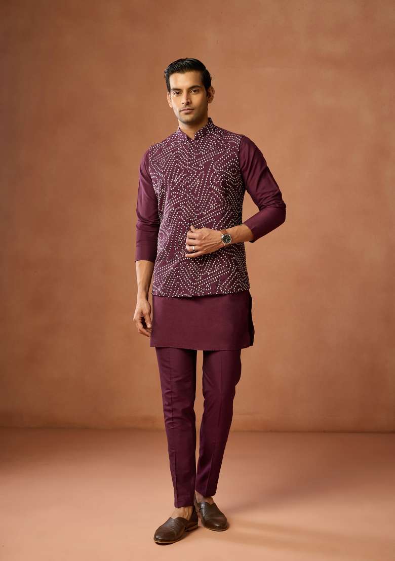 Maroon Embroidered Silk Blend Kurta Jacket Set For Men - Indya