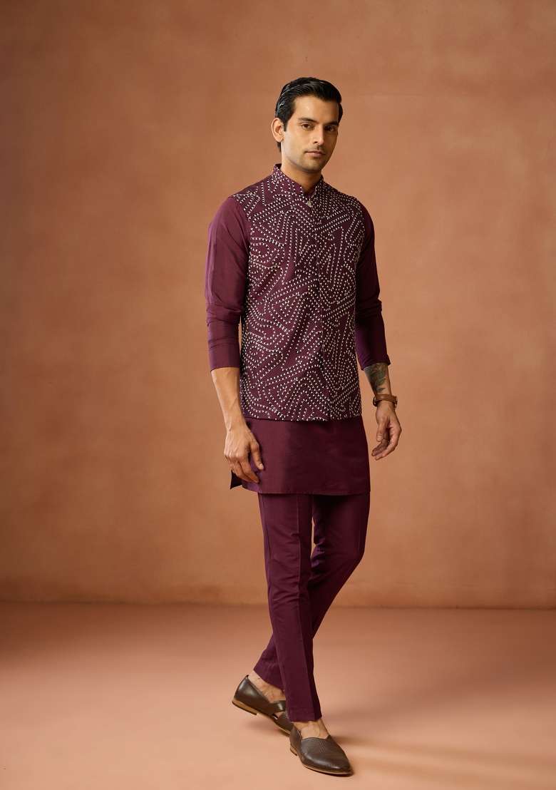 Maroon Embroidered Silk Blend Kurta Jacket Set For Men - Indya