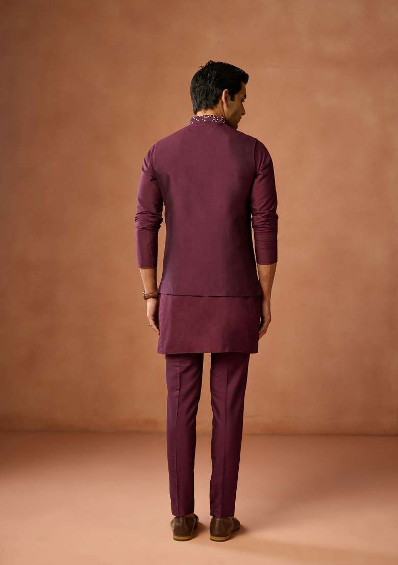 Maroon Embroidered Silk Blend Kurta Jacket Set For Men - Indya