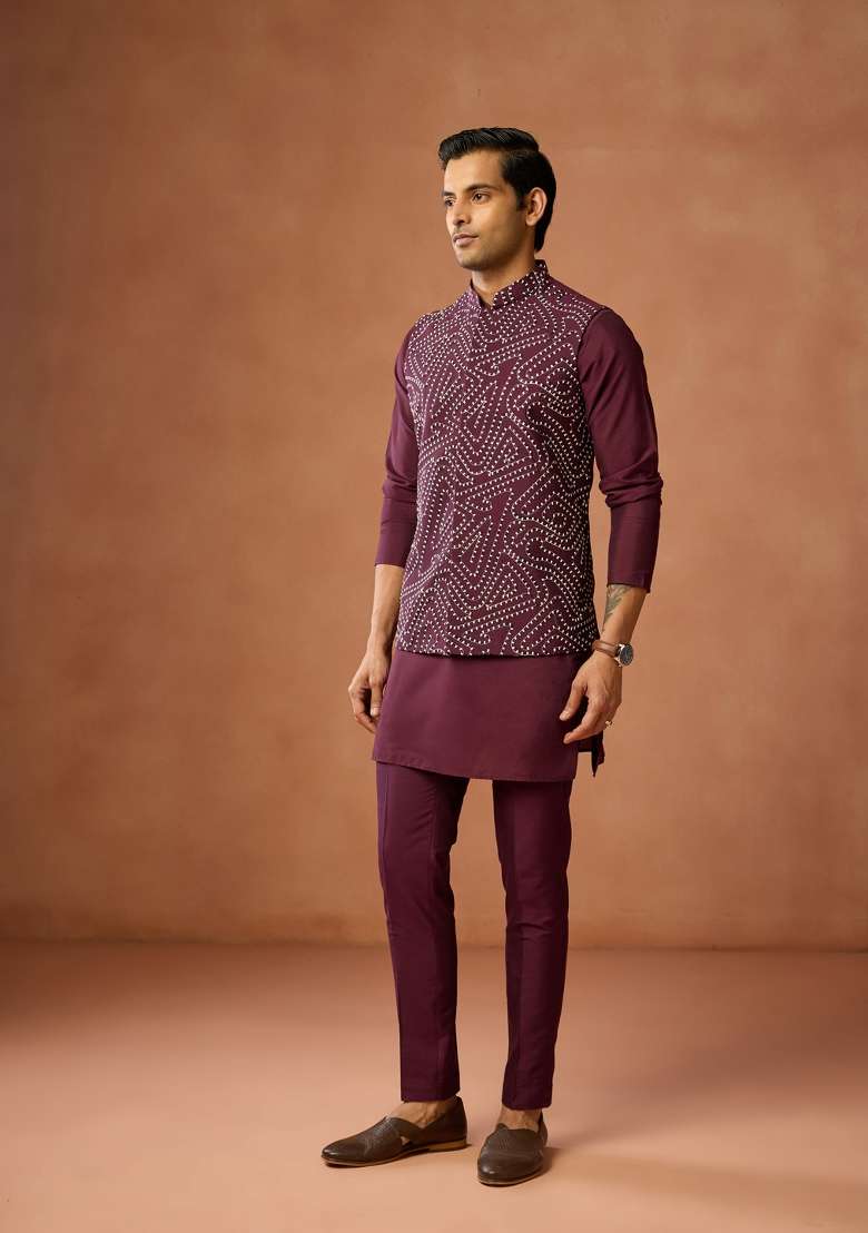 Maroon Embroidered Silk Blend Kurta Jacket Set For Men - Indya
