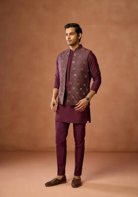 Maroon Embroidered Silk Blend Kurta Jacket Set For Men