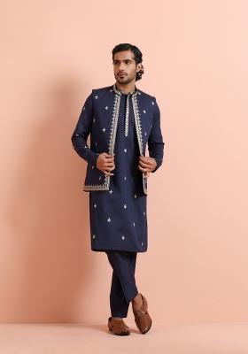 Blue Embroidered Silk Blend Kurta Jacket Set For Men