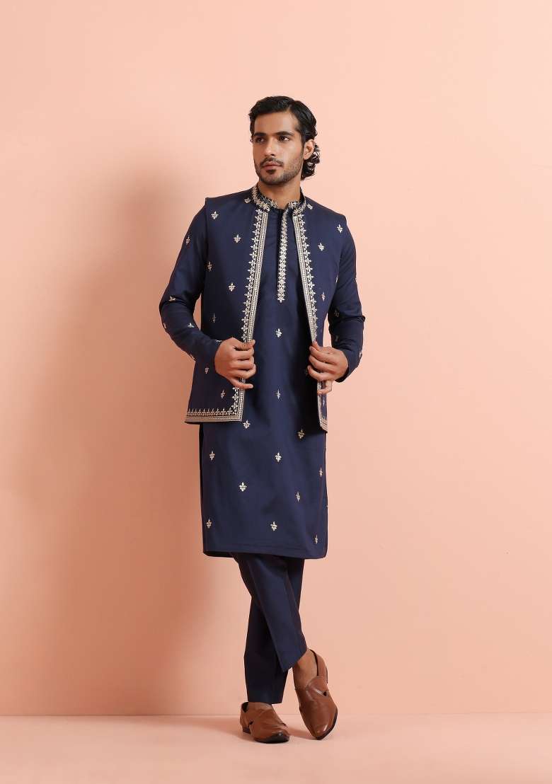 Blue Embroidered Silk Blend Kurta Jacket Set For Men - Indya