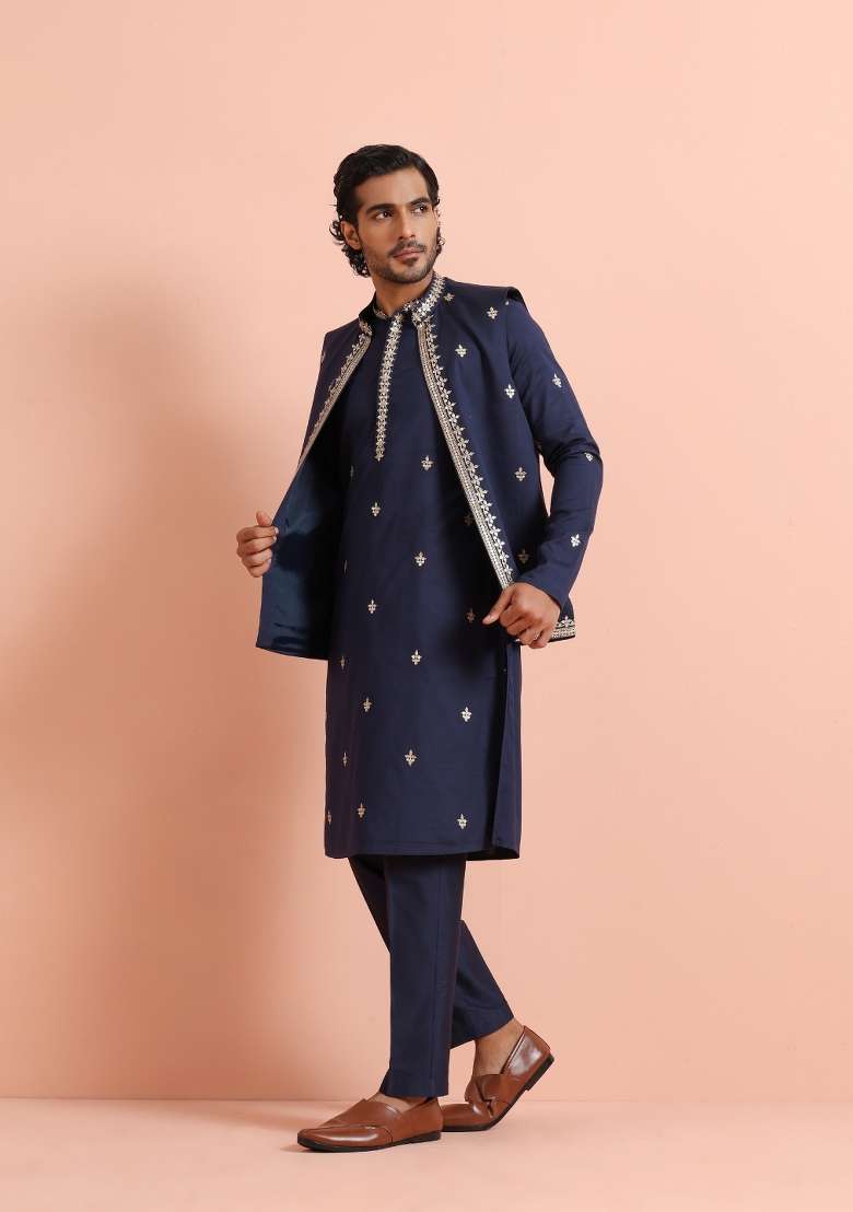 Blue Embroidered Silk Blend Kurta Jacket Set For Men - Indya