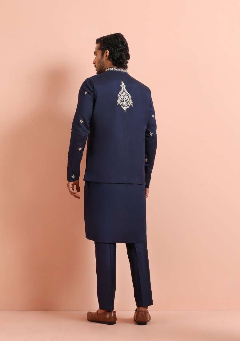 Blue Embroidered Silk Blend Kurta Jacket Set For Men - Indya
