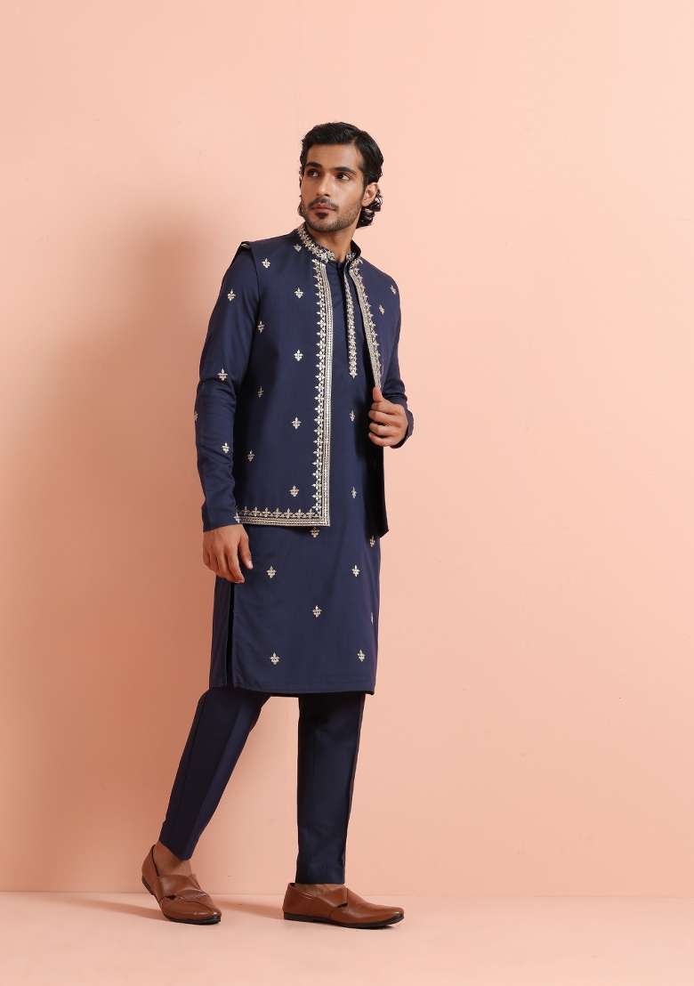 Blue Embroidered Silk Blend Kurta Jacket Set For Men - Indya