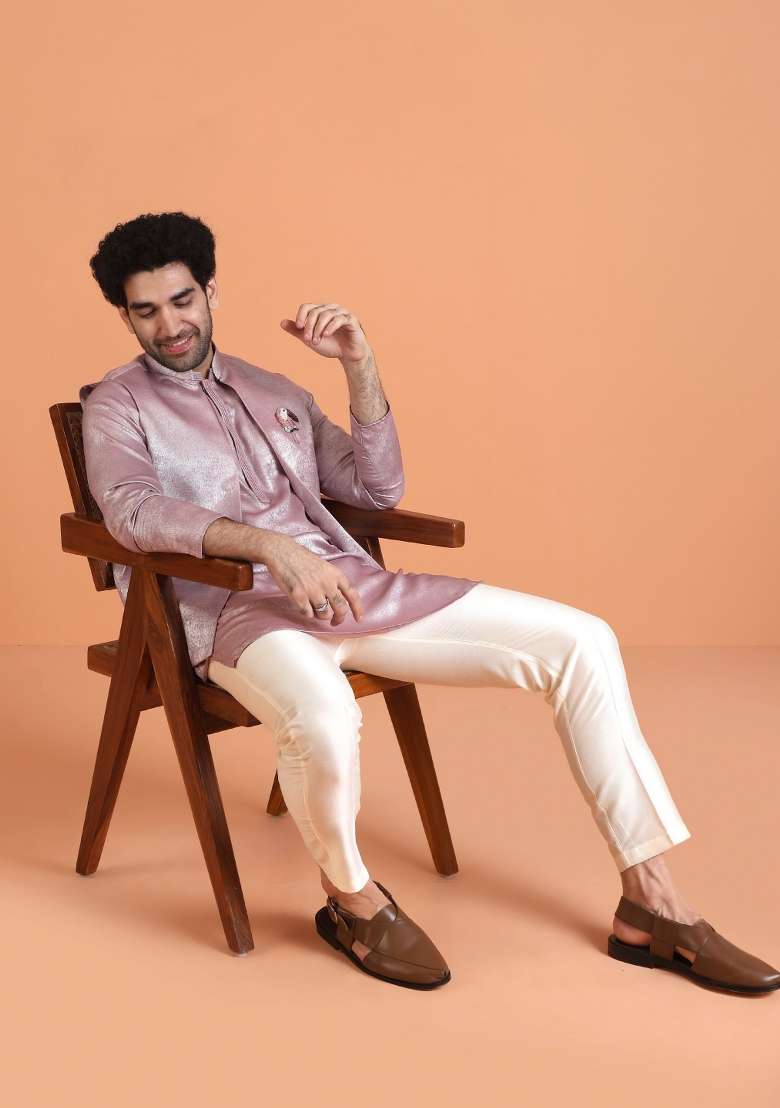 Pink Solid Silk Blend Kurta Jacket Set For Men - Indya