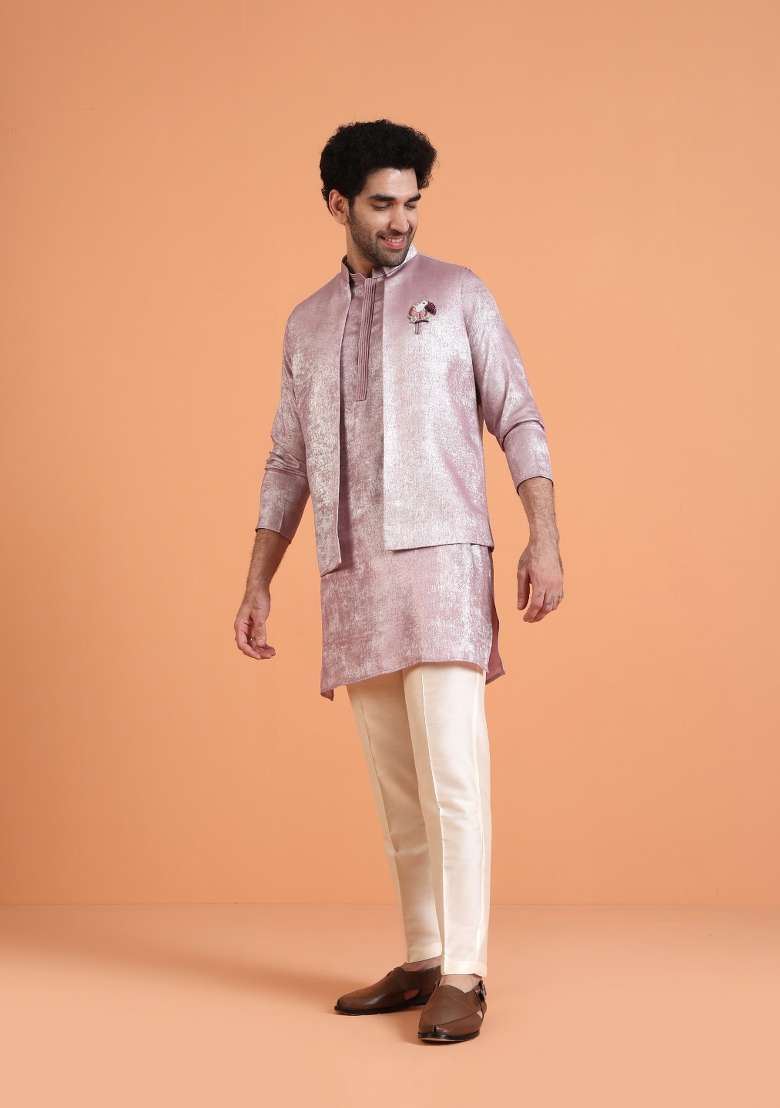 Pink Solid Silk Blend Kurta Jacket Set For Men - Indya