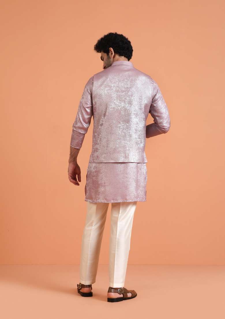 Pink Solid Silk Blend Kurta Jacket Set For Men - Indya