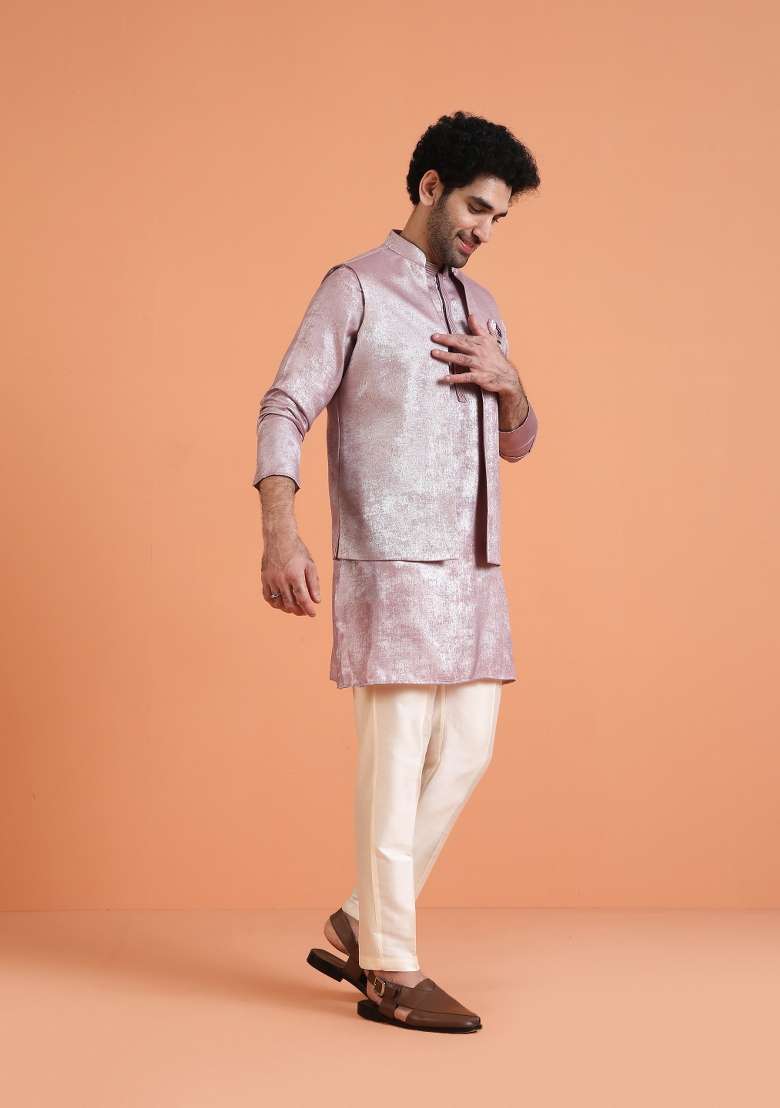 Pink Solid Silk Blend Kurta Jacket Set For Men - Indya