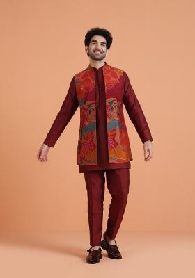 Maroon Printed Silk Blend Kurta Jacket Set For Men