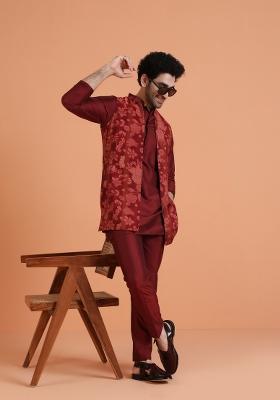 Maroon Printed Silk Blend Kurta Jacket Set For Men