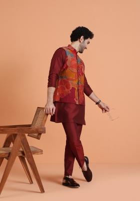 Maroon Printed Silk Blend Kurta Jacket Set For Men