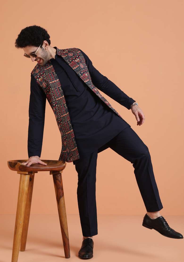 Blue Printed Silk Blend Kurta Jacket Set For Men - Indya