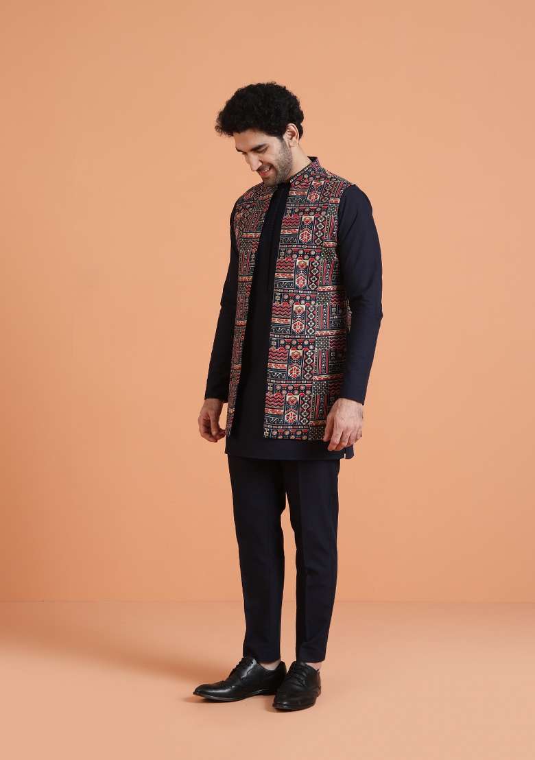 Blue Printed Silk Blend Kurta Jacket Set For Men - Indya