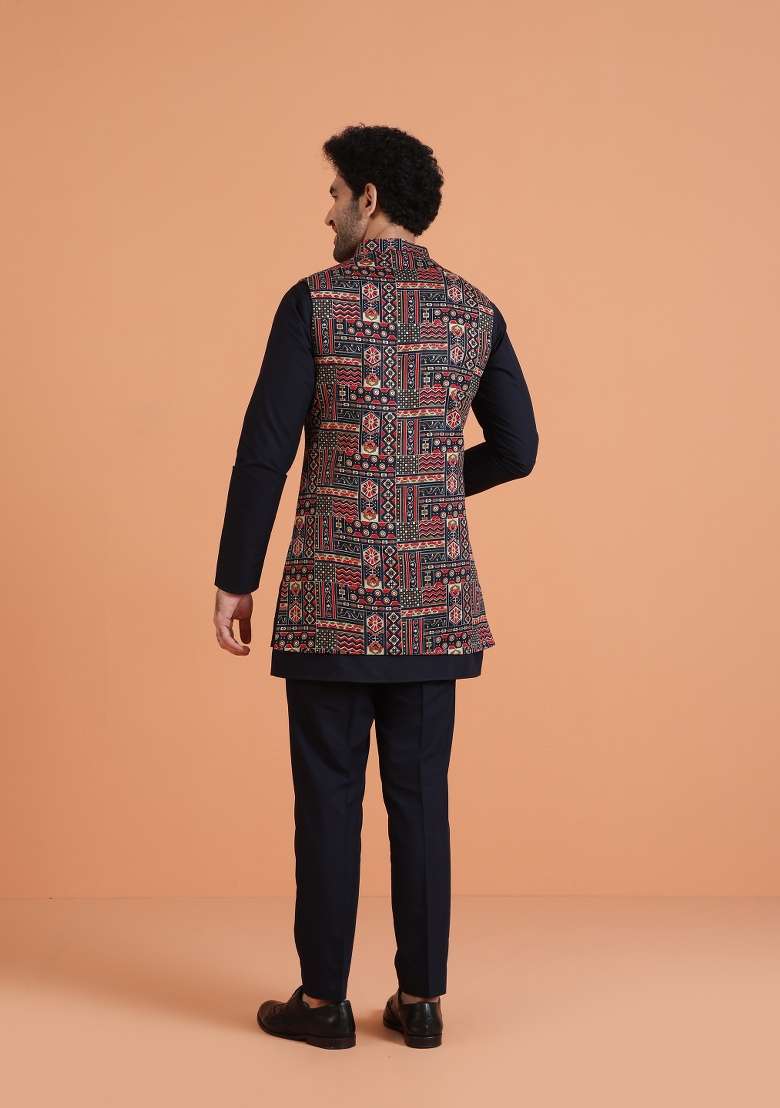 Blue Printed Silk Blend Kurta Jacket Set For Men - Indya