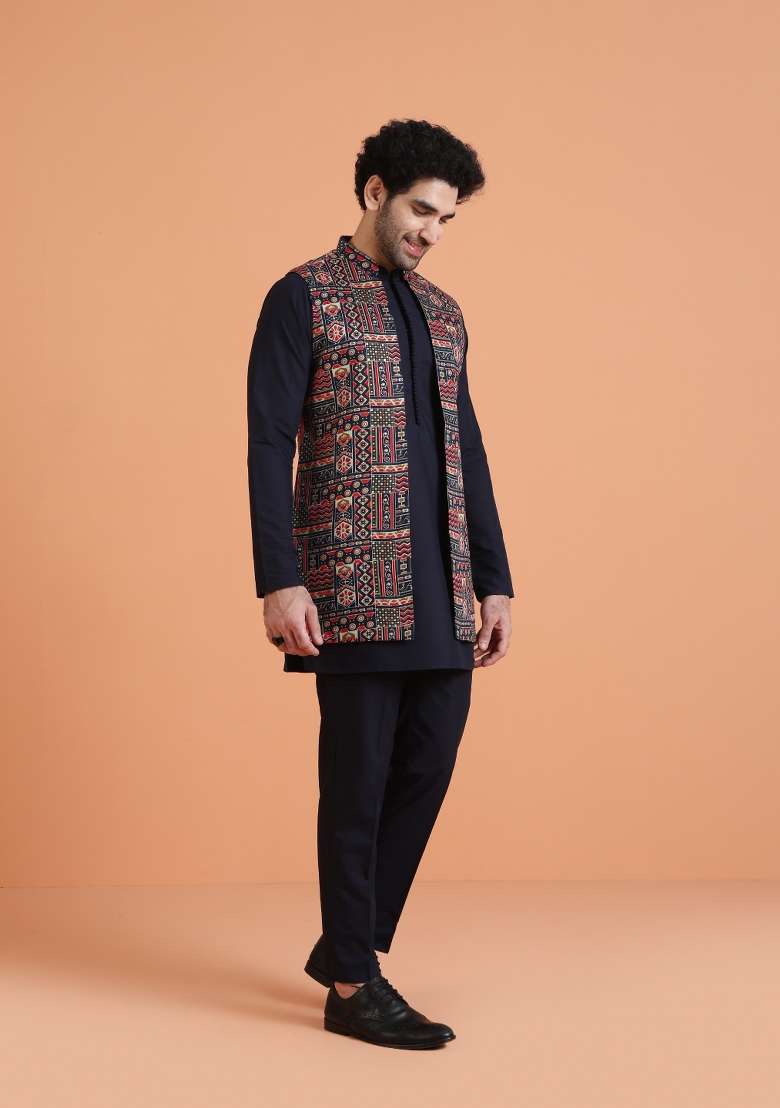 Blue Printed Silk Blend Kurta Jacket Set For Men - Indya