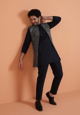 Blue Printed Silk Blend Kurta Jacket Set For Men