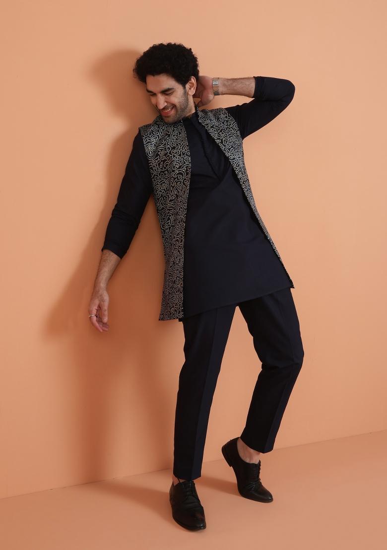 Blue Printed Silk Blend Kurta Jacket Set For Men