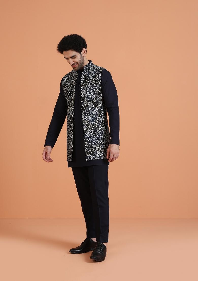 Blue Printed Silk Blend Kurta Jacket Set For Men - Indya