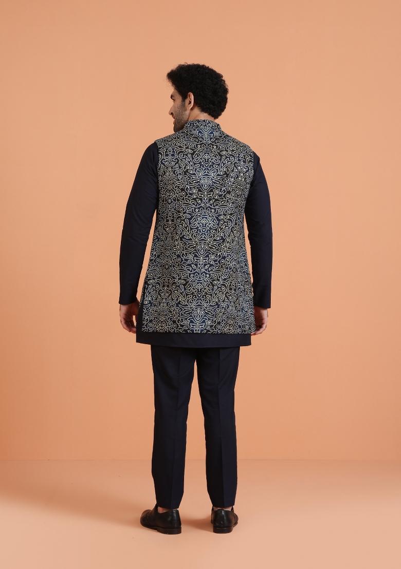 Blue Printed Silk Blend Kurta Jacket Set For Men