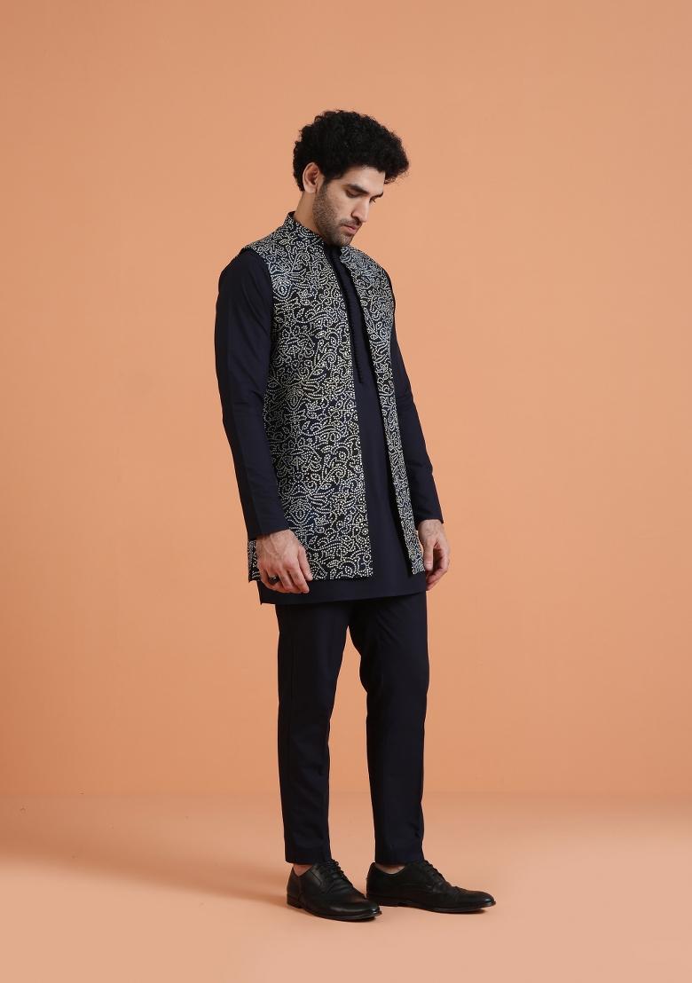 Blue Printed Silk Blend Kurta Jacket Set For Men - Indya