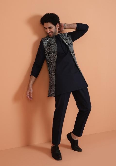 Blue Printed Silk Blend Kurta Jacket Set For Men