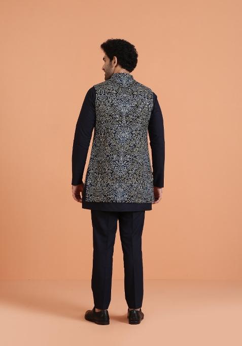 Blue Printed Silk Blend Kurta Jacket Set For Men