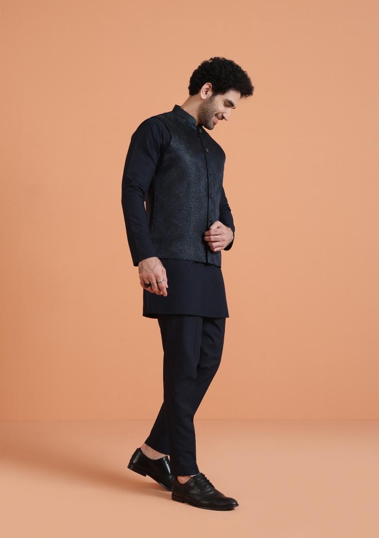 Blue Textured Silk Blend Kurta Jacket Set For Men