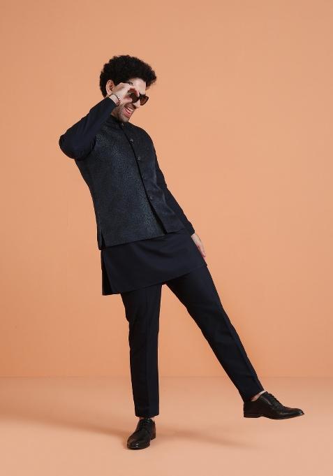 Blue Textured Silk Blend Kurta Jacket Set For Men