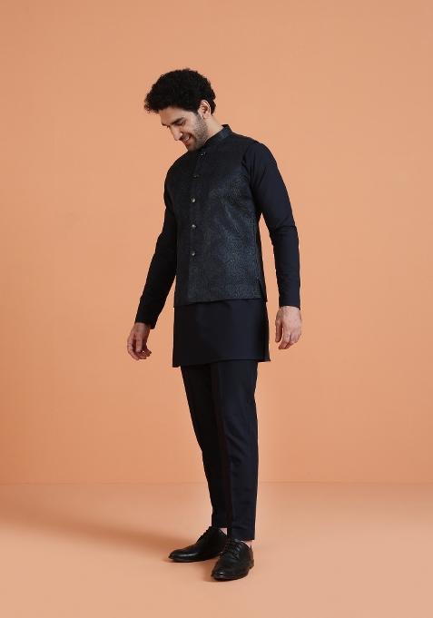 Blue Textured Silk Blend Kurta Jacket Set For Men