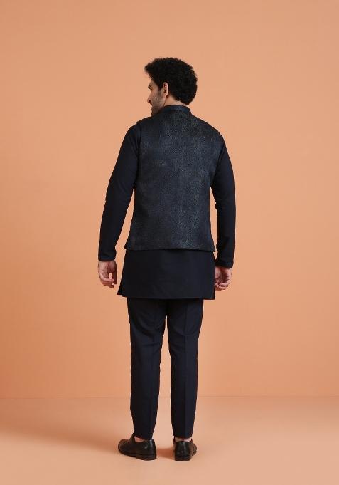 Blue Textured Silk Blend Kurta Jacket Set For Men