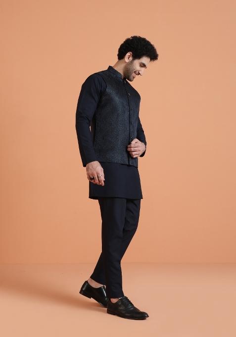 Blue Textured Silk Blend Kurta Jacket Set For Men