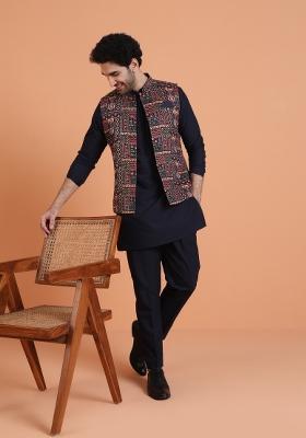 Blue Printed Silk Blend Kurta Jacket Set For Men