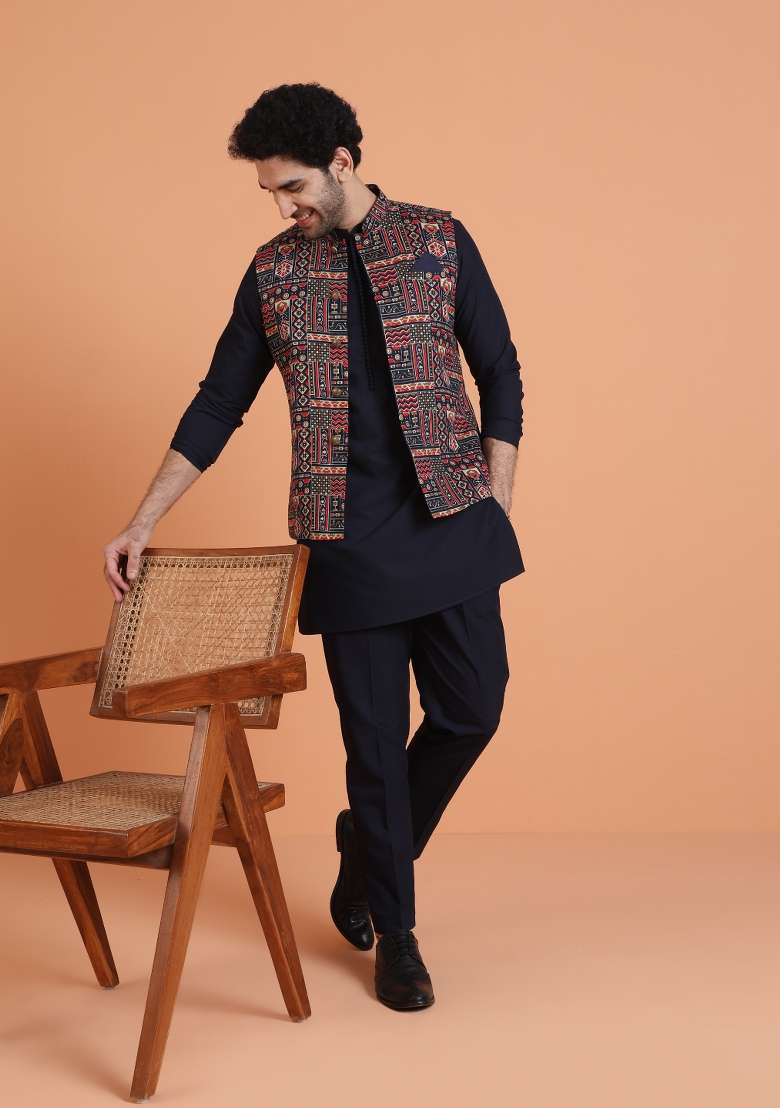 Blue Printed Silk Blend Kurta Jacket Set For Men - Indya