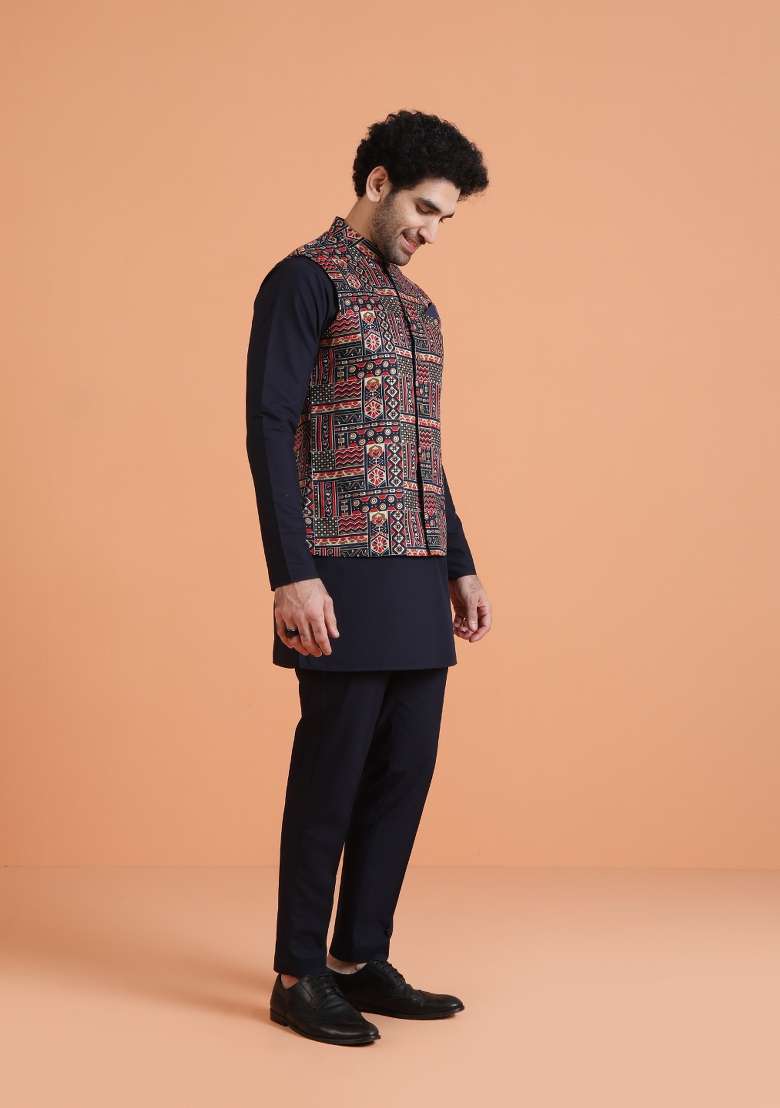 Blue Printed Silk Blend Kurta Jacket Set For Men - Indya