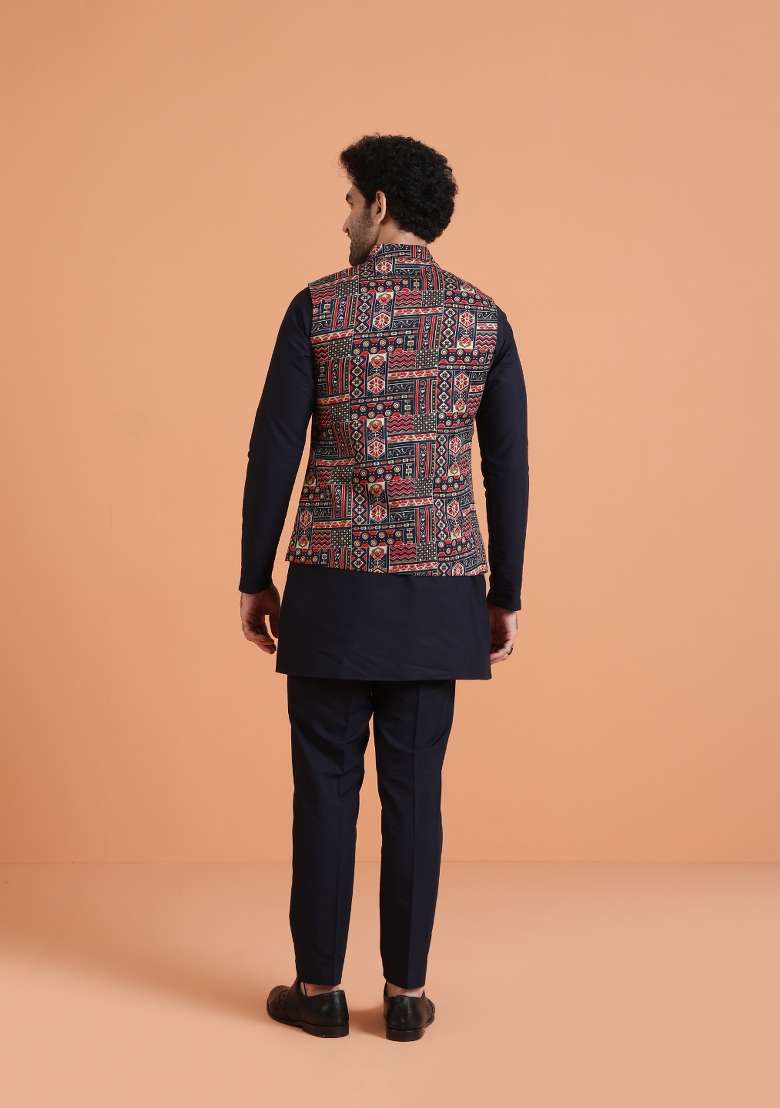 Blue Printed Silk Blend Kurta Jacket Set For Men - Indya