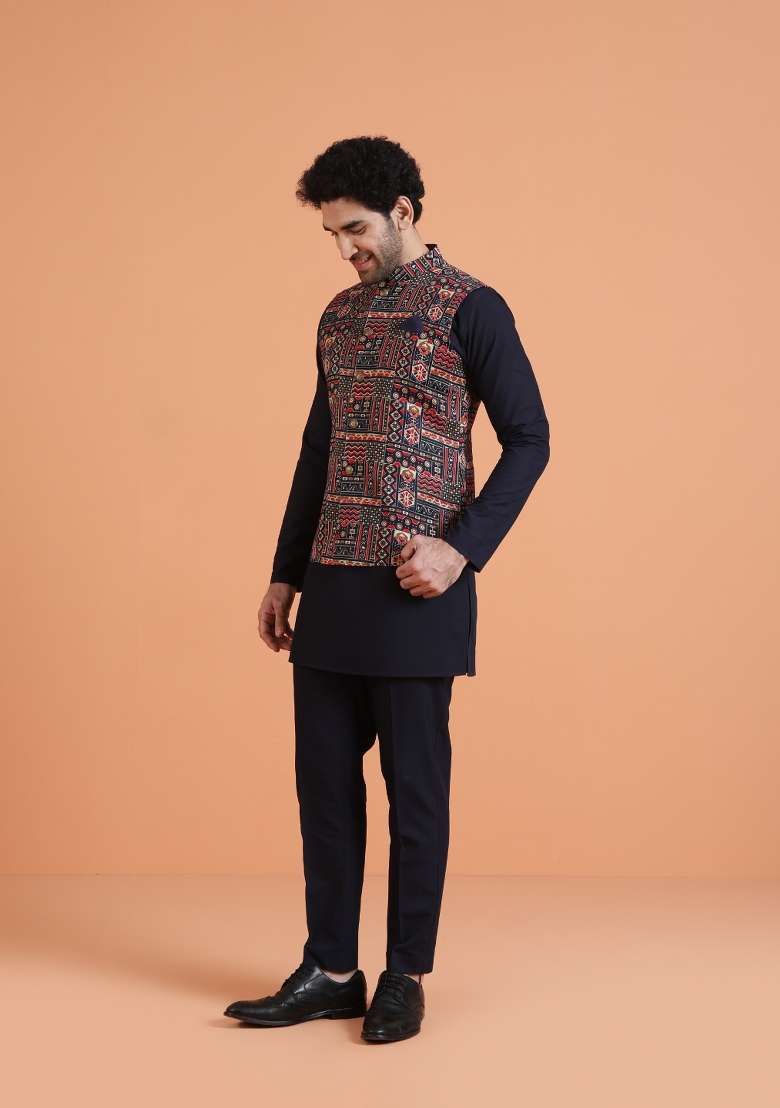 Blue Printed Silk Blend Kurta Jacket Set For Men - Indya