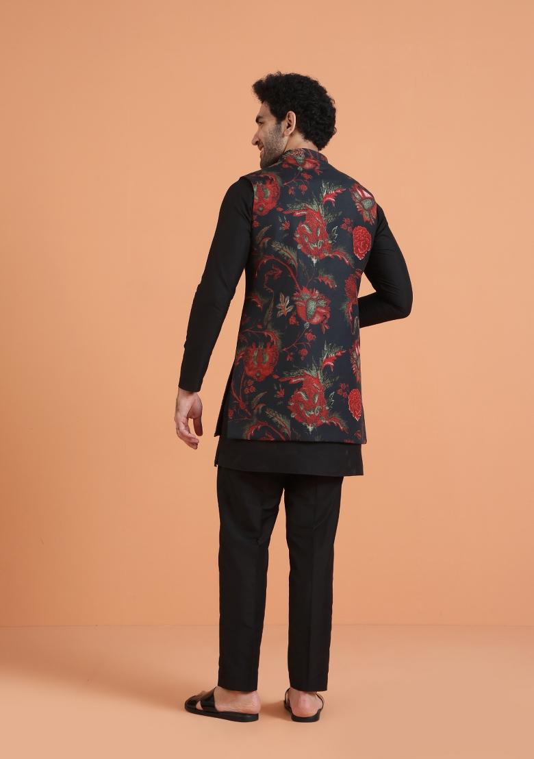 Black Printed Silk Blend Kurta Jacket Set For Men