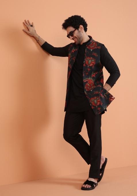 Black Printed Silk Blend Kurta Jacket Set For Men